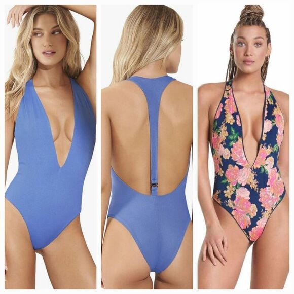 Maaji Women's Blue Bell Rib Tiky Plunge V-neck One-Piece Swimsuits Size Medium - Picture 1 of 16